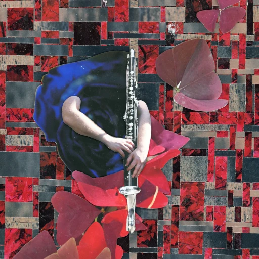 Album cover for 'Oxalis Triangularis, Volume 2.' Collage of textured red, brown, and gray paper rectangles, with purple, triangular leaves, and a pair of hands playing a bass clarinet.