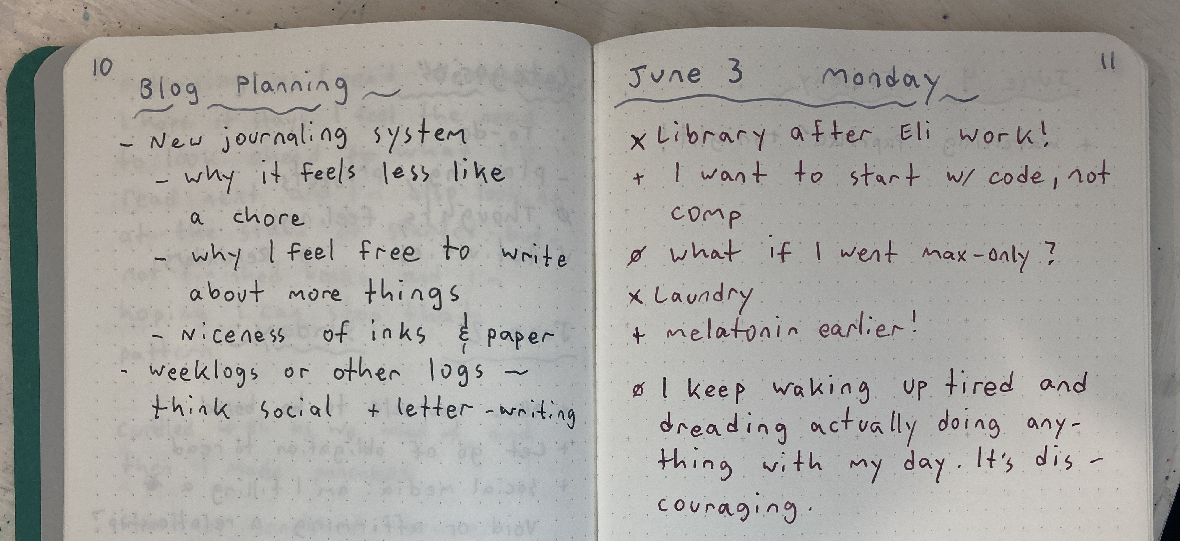 Two facing pages of my journal, with the verso showing blog planning notes, and the recto showing my June 3 day log