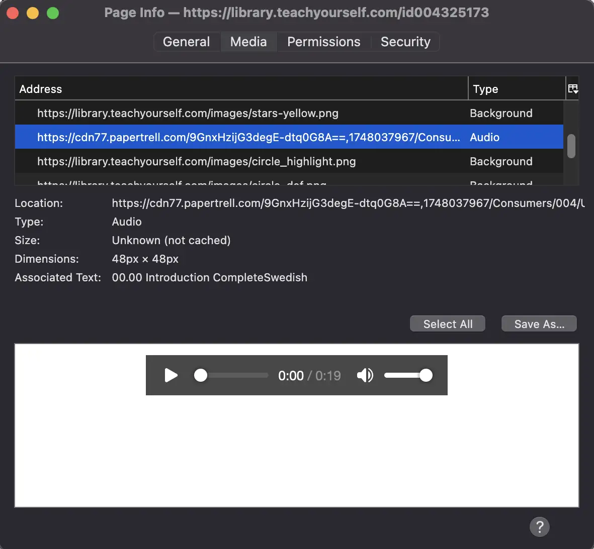 the Firefox “page info” menu, showing the link to an embedded MP3