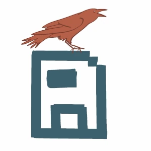 A digital drawing of a rust-brown crow cawing on top of a teal pixel-art floppy disk — the same floppy design as in the banner art on my website