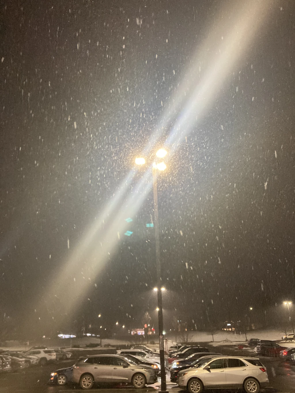 A streetlight with three lamps in a Target parking lot at night. The air is thick with snow, and glowing diffraction lines come from the light at diagonals.