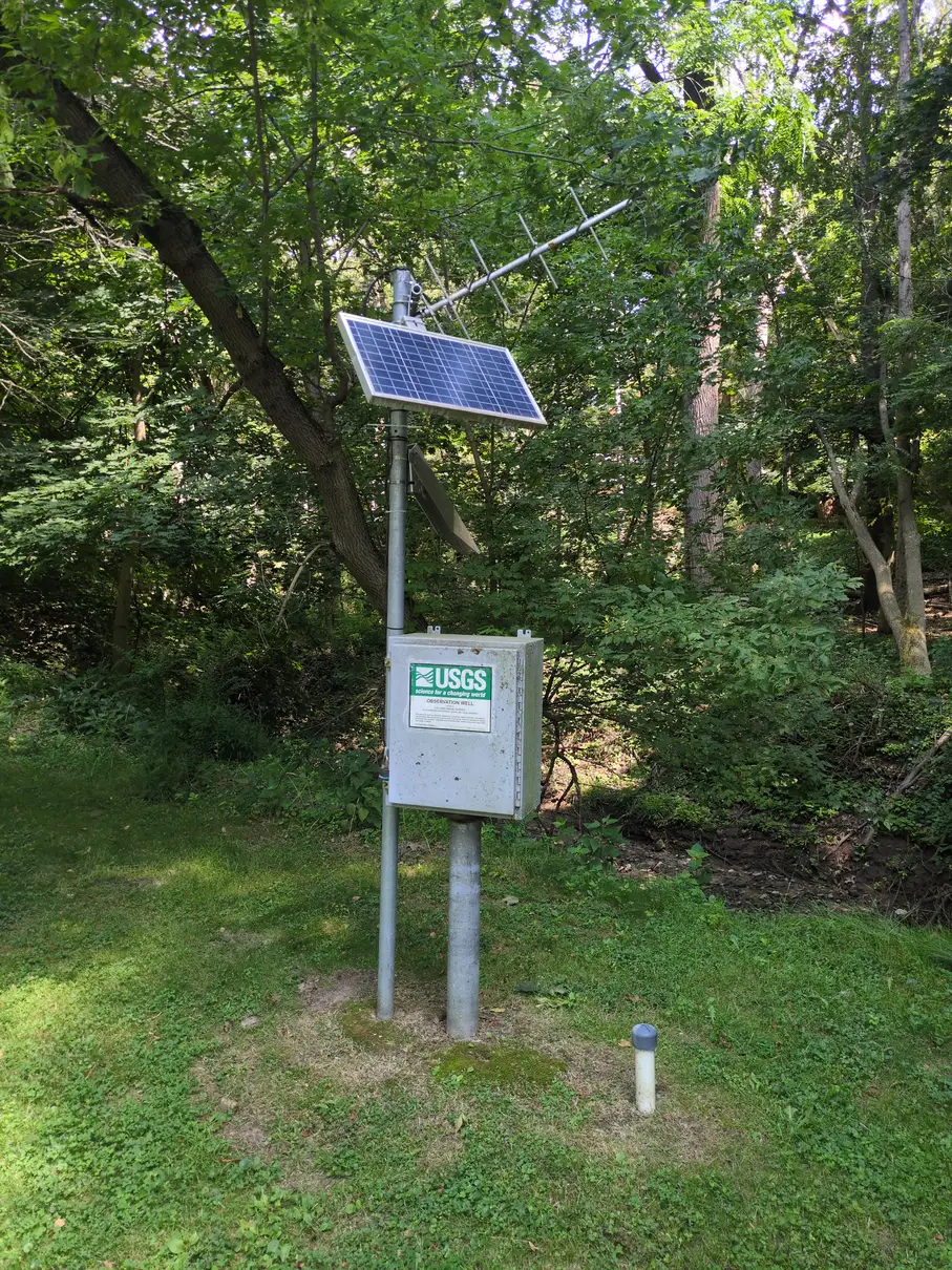 A circularly-polarized Yagi antenna on top of a pole with a box in the middle from the US Geological Survey